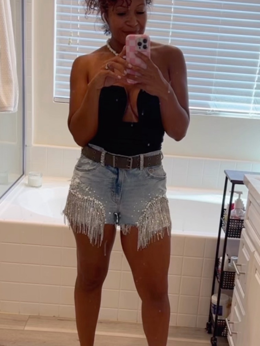 American Eagle Hand-Embellished Rhinestone Pearl Fringe Denim Festival Shorts - Picture 6 of 17